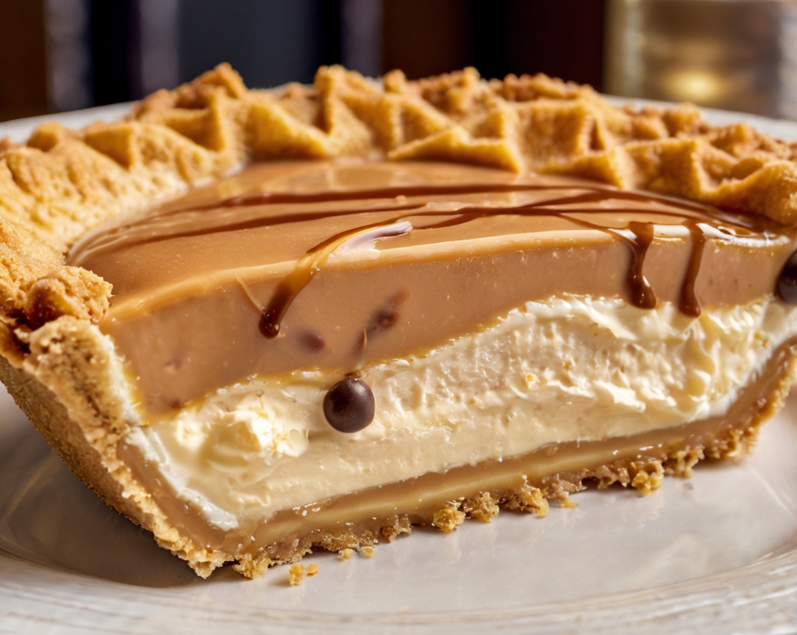 A beautifully plated slice of creamy caramel custard pie with a golden graham cracker crust, topped with whipped cream, caramel drizzle, and a sprinkle of chocolate shavings, sitting on a rustic wooden table with warm lighting