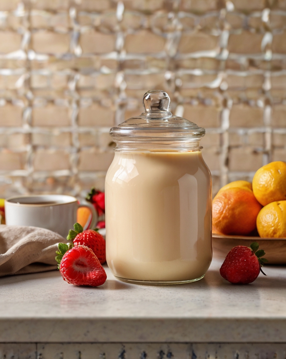 A clean glass jar filled with creamy sugar-free condensed milk, surrounded by fresh fruits, waffles, and a cup of coffee, against a bright and inviting kitchen background.