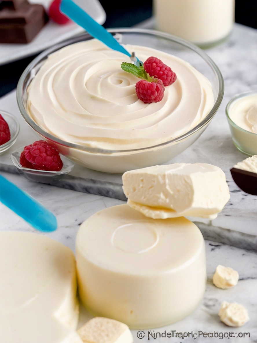 A clear glass dish filled with creamy white chocolate mousse, topped with vibrant fresh raspberries, a sprig of mint, and a drizzle of dark chocolate. The mousse sits on a marble countertop with a soft focus of scattered chocolate pieces and a small bowl of berries in the background.