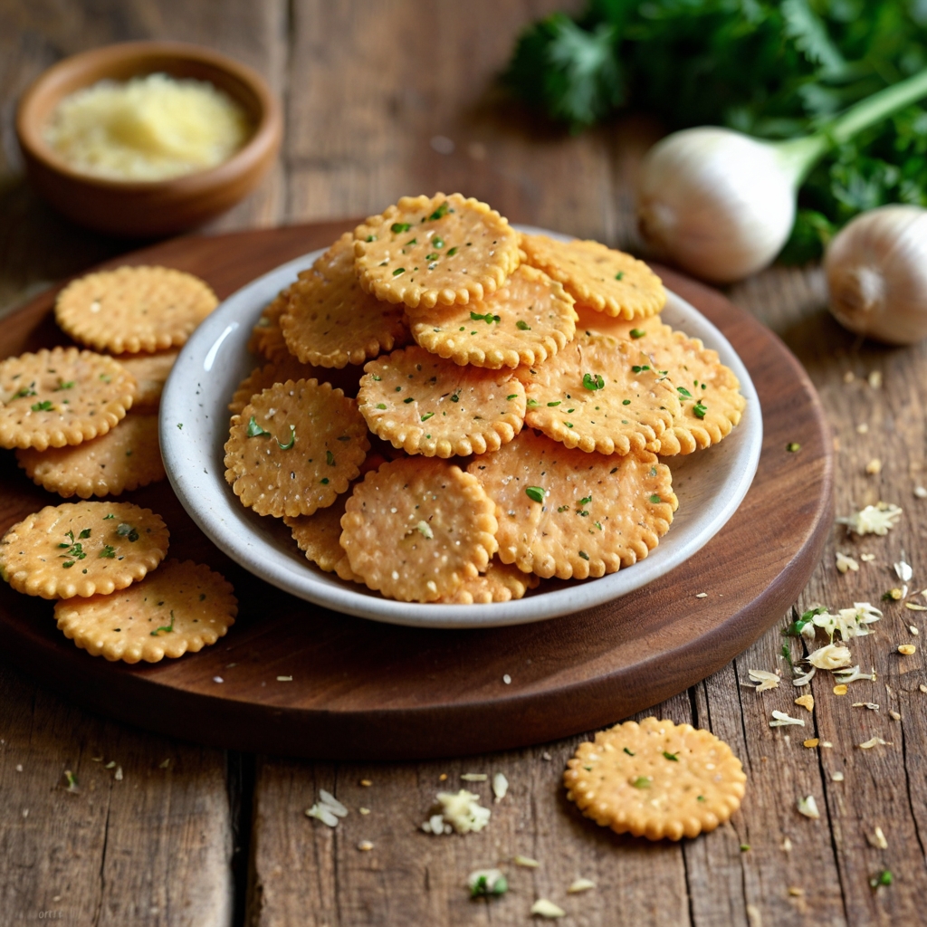 A close-up shot of golden-brown Ritz Bits crackers coated in garlic butter and Parmesan cheese, arranged on a rustic wooden serving platter. A small bowl of marinara dip and fresh parsley sprigs add a vibrant pop of color.