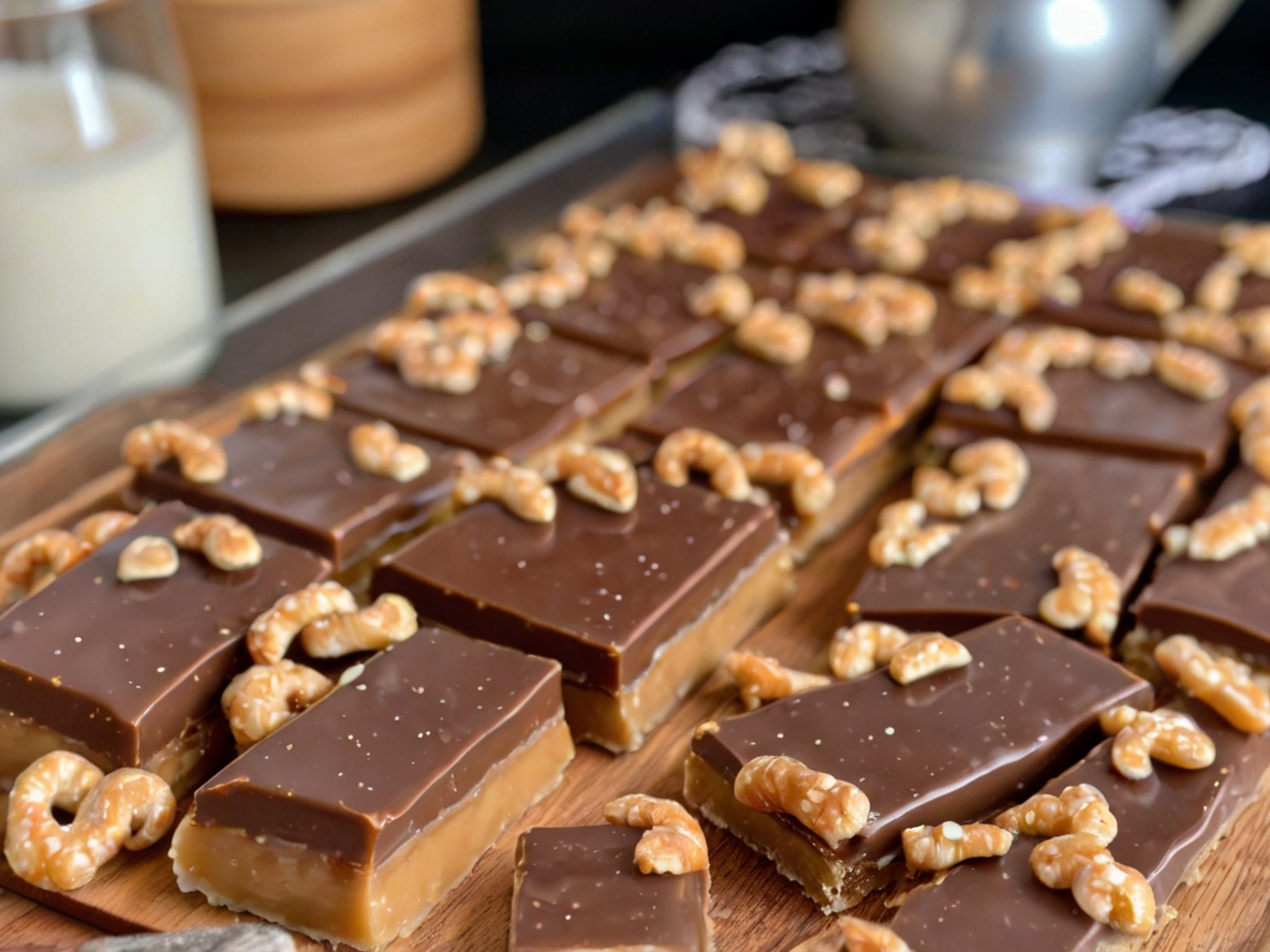 A close-up shot of perfectly cut Caramel Chocolate Crunch Bars arranged on a wooden tray, showcasing the glossy chocolate top, gooey caramel layer, and crunchy pretzel base. Garnished with a light sprinkle of sea salt for a touch of elegance.