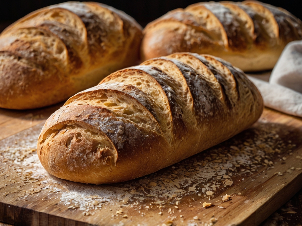 A close-up shot of rustic ciabatta loaves resting on a wooden board, their golden-brown crusts dusted lightly with flour. Sliced open to reveal the airy crumb, with steam rising to suggest freshness.