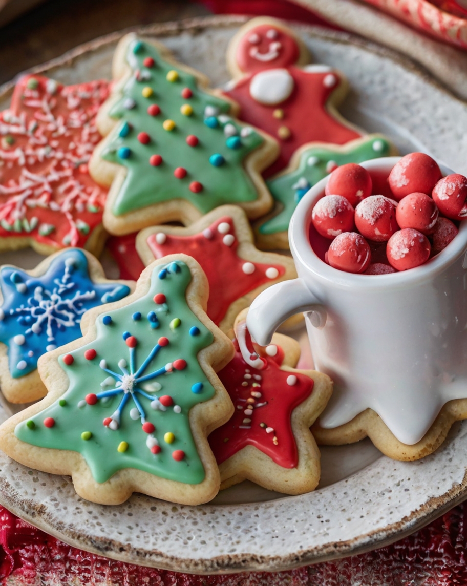 A festive tray filled with beautifully decorated sugar cookies in various holiday shapes—stars, snowflakes, and gingerbread men—surrounded by bowls of colorful icing, sprinkles, and a steaming cup of hot cocoa.