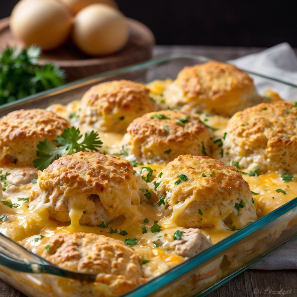 A freshly baked Chicken Bubble Biscuit Casserole, golden brown biscuits on top, cheese bubbling around the edges, and garnished with chopped parsley for a vibrant, appetizing presentation.