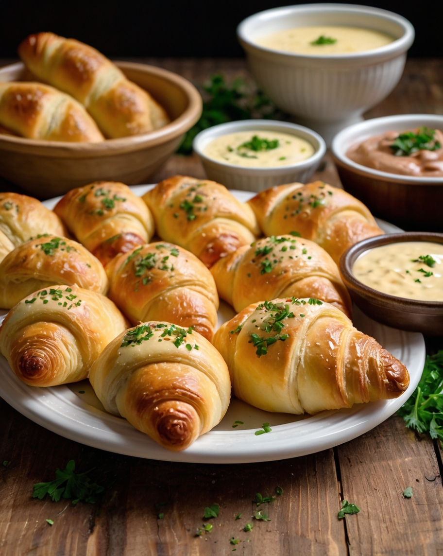A golden tray of freshly baked crescent rolls, their glossy tops sprinkled with parsley and oozing creamy cheese and savory sausage filling. Served alongside small bowls of dipping sauces, this image screams indulgence and satisfaction.