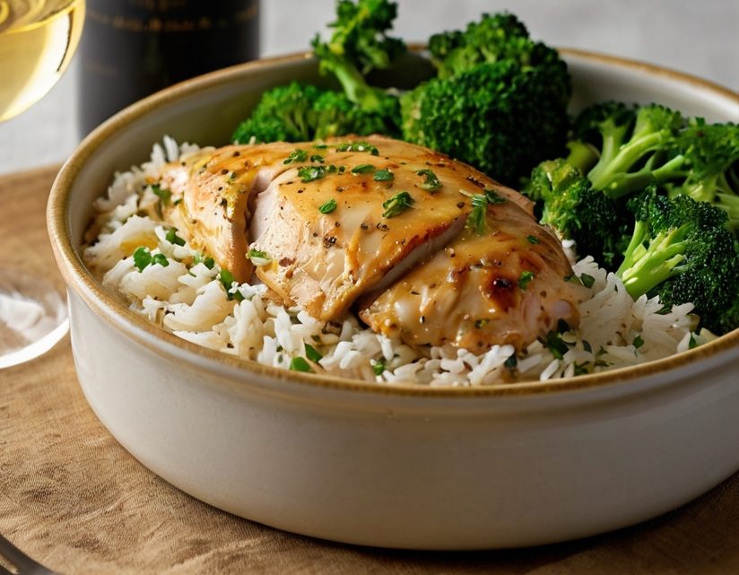 A golden-brown casserole dish with baked chicken breasts nestled in creamy rice, garnished with fresh parsley, and served alongside steamed broccoli and a glass of white wine.