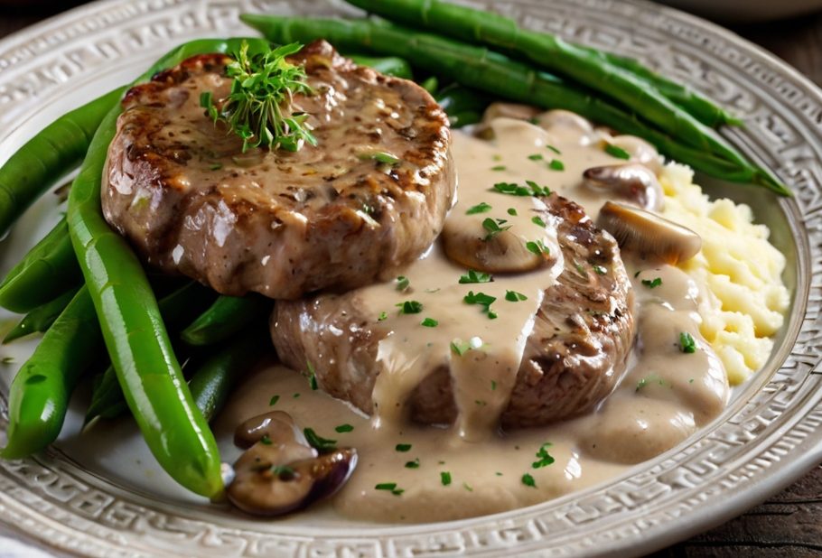 A hearty plate featuring golden-brown steak patties smothered in creamy mushroom gravy, served with fluffy mashed potatoes and a side of steamed green beans. A sprinkle of fresh parsley adds a pop of color