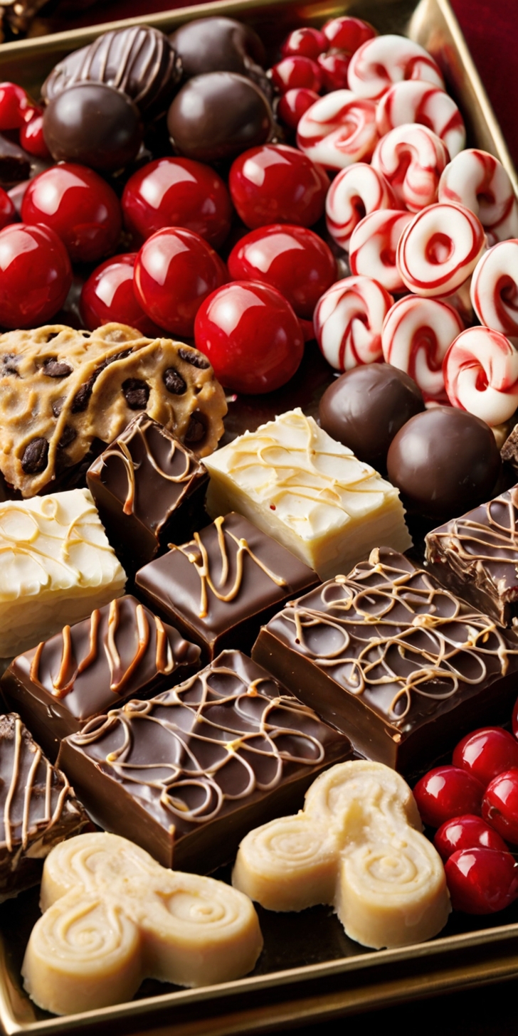 A holiday platter filled with an assortment of homemade candies, including golden peanut brittle, rich chocolate fudge squares, peppermint bark with red and white swirls, and chocolate-covered cherries with glossy finishes.