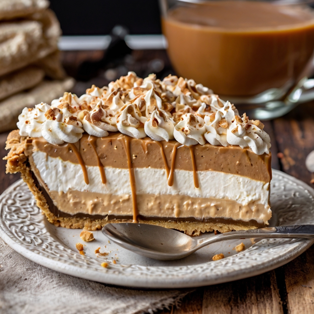A perfectly chilled Amish Peanut Butter Cream Pie on a rustic wooden table, topped with fluffy whipped cream and sprinkled with peanut butter crumbles. The pie is sliced to reveal its creamy layers, sitting alongside a cup of hot coffee.