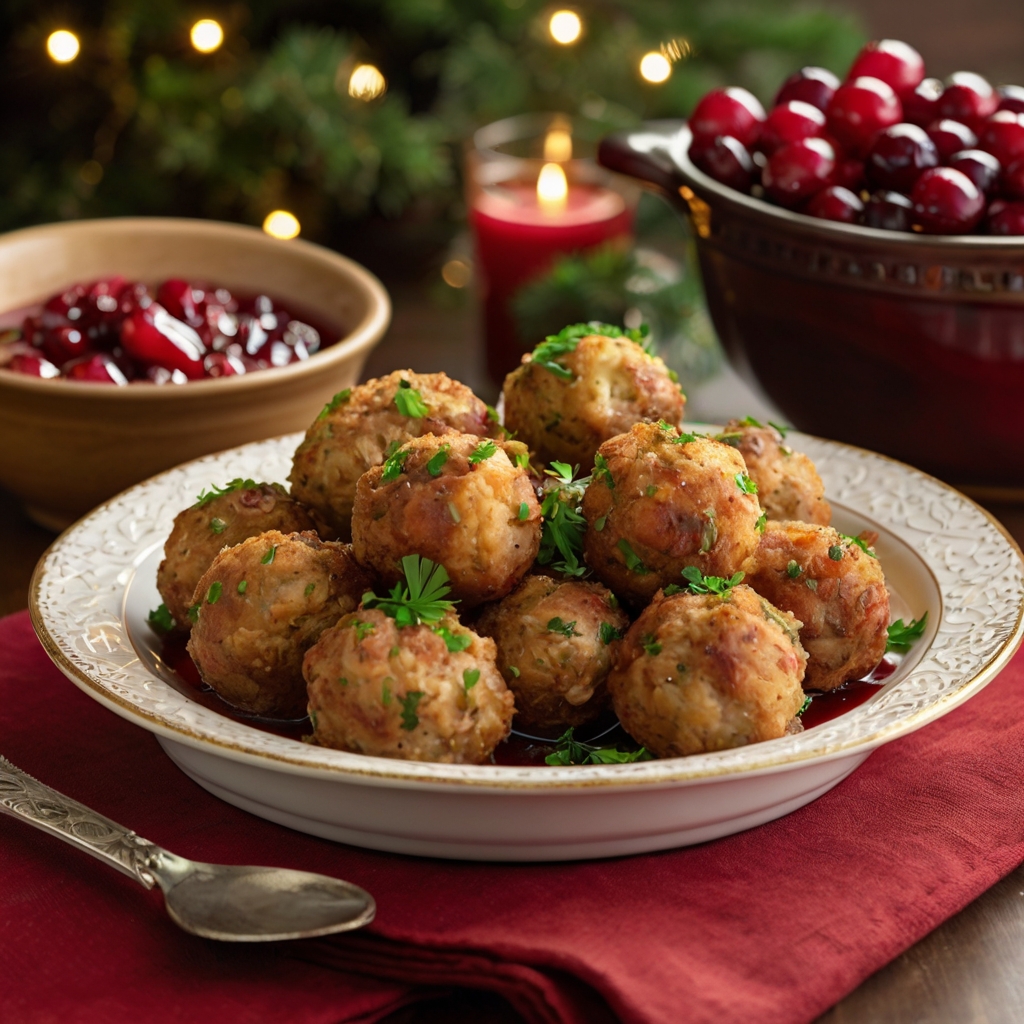 A plate of golden-brown stuffing balls garnished with freshly chopped parsley, served alongside a small bowl of cranberry sauce and a gravy boat. The background features festive decor, making the dish perfect for holiday gatherings.
