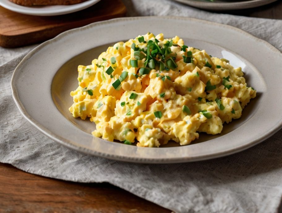 A plate of perfectly cooked scrambled eggs, garnished with fresh chives, served alongside avocado slices and whole-grain toast. The eggs should appear creamy and fluffy, with steam rising for a fresh-out-of-the-pan effect.