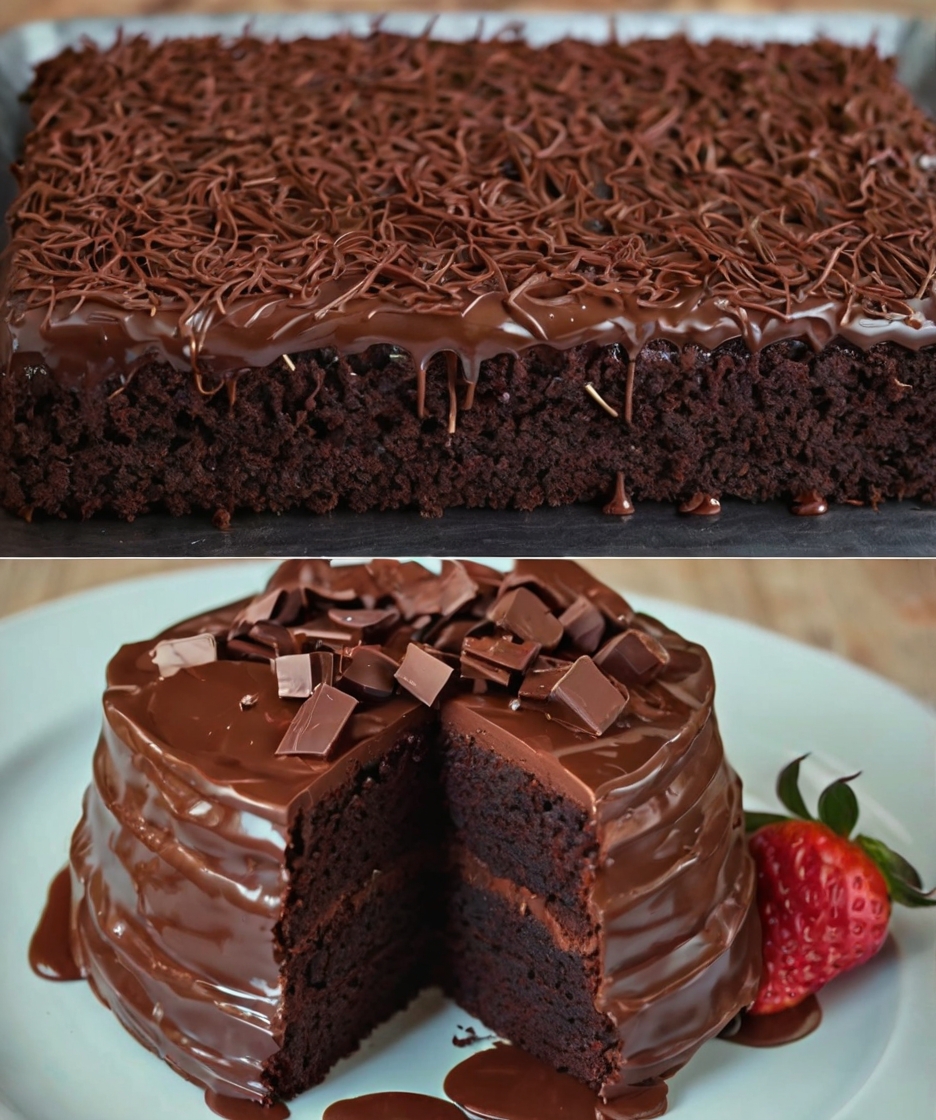 A rich and moist chocolate cake topped with glossy chocolate coating, garnished with grated dark chocolate, served in a rustic wooden tray with a side of fresh strawberries and a steaming cup of coffee.