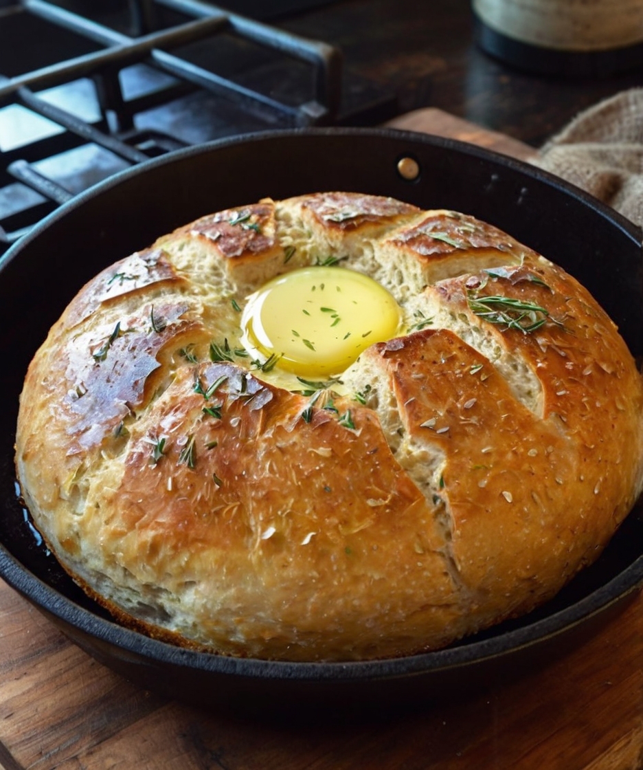 A rustic skillet on a wooden counter with freshly cooked, golden-brown bread stacked alongside olive oil and sprigs of fresh rosemary. Steam rises from a sliced loaf revealing its soft, airy interior.