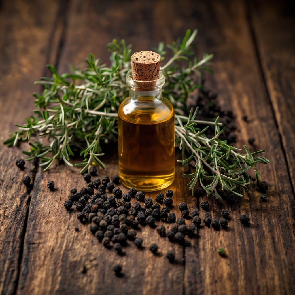 A rustic wooden table featuring a small amber bottle of black pepper essential oil surrounded by fresh black peppercorns and sprigs of thyme. The setup highlights the oil's natural, earthy qualities