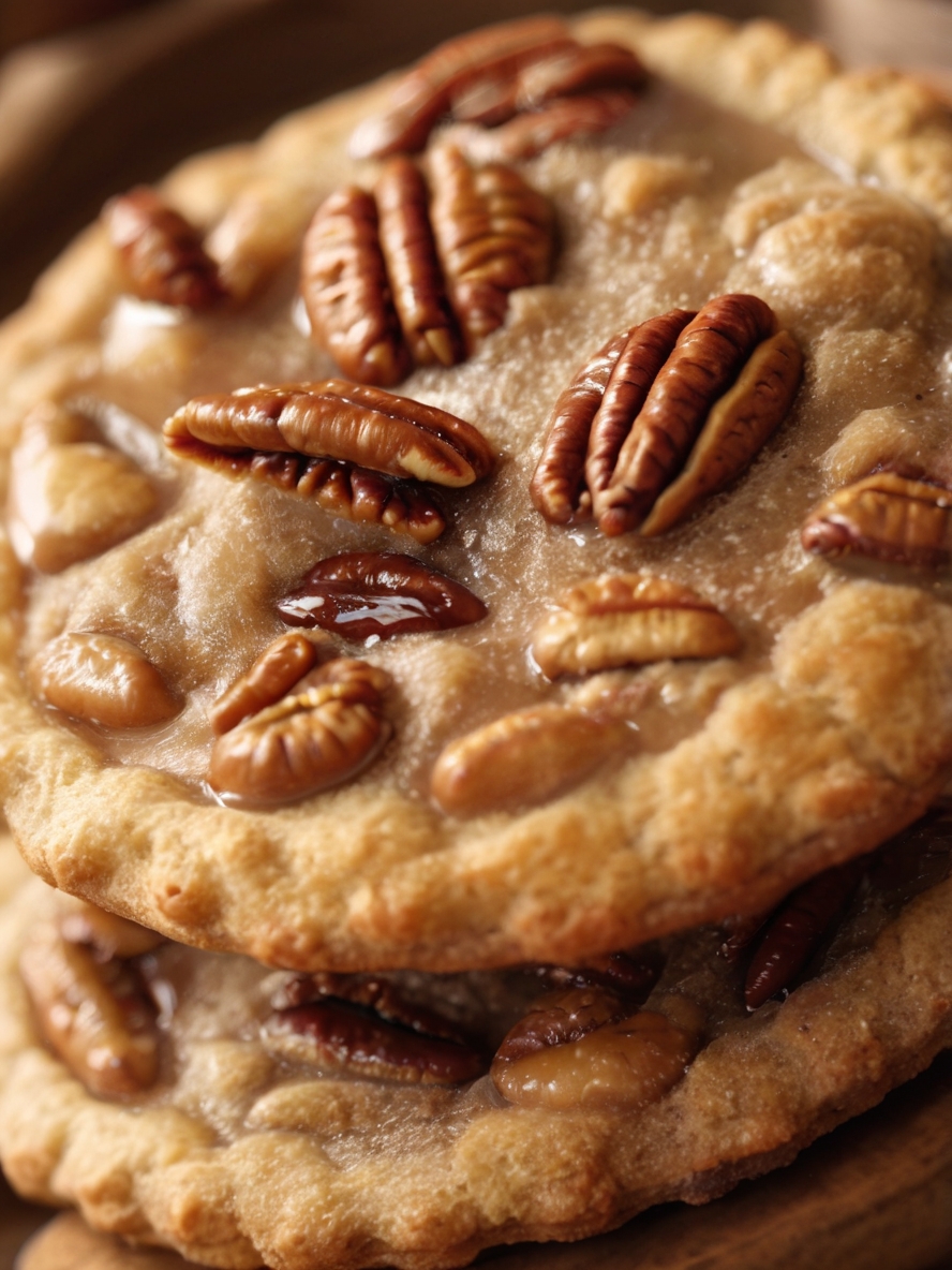 A rustic wooden table with a plate of Pecan Pie Cookies arranged neatly. The cookies showcase a golden-brown base with glistening pecan filling, surrounded by scattered pecans and a cozy mug of steaming hot cocoa.