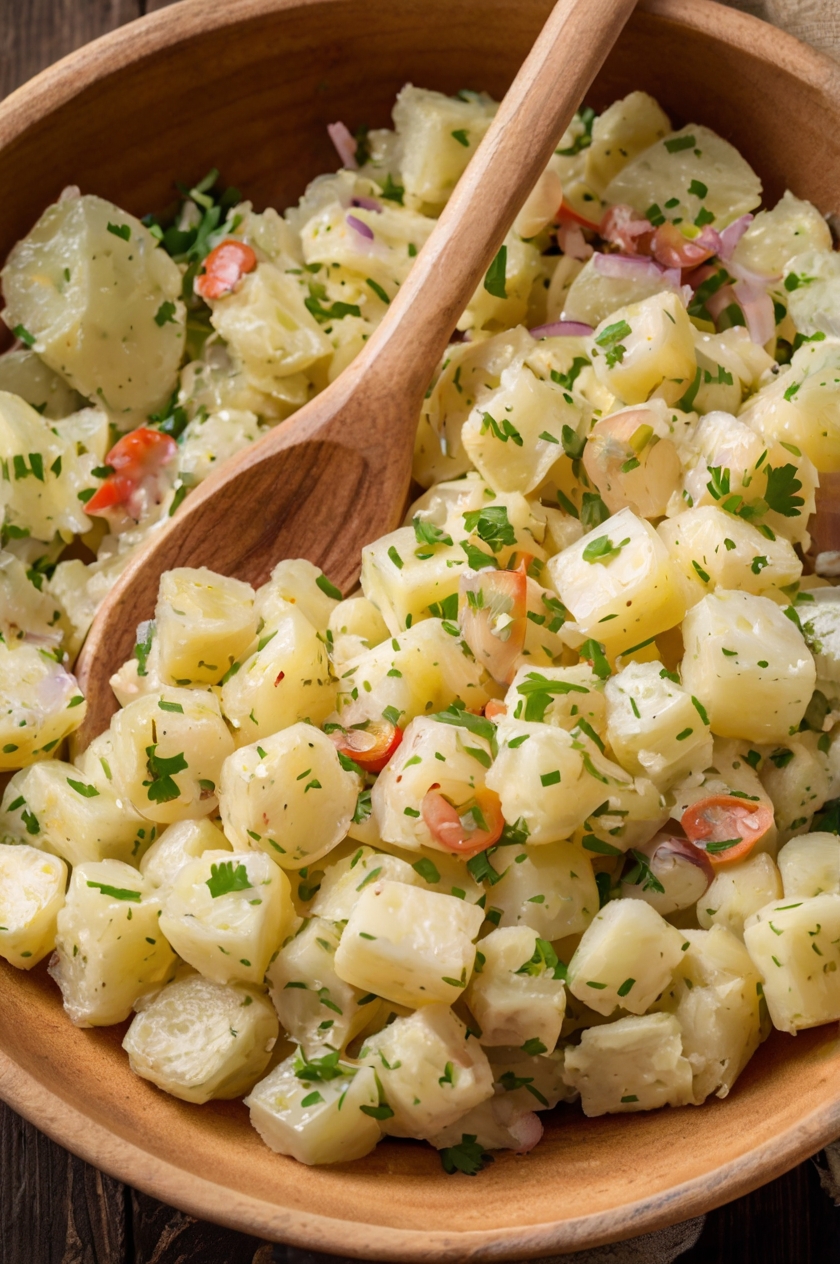 A rustic wooden table with a vibrant bowl of Southern Potato Salad. Garnished with fresh parsley and a sprinkle of paprika, the creamy salad sits alongside a plate of cornbread and iced tea, embodying the essence of Southern comfort.