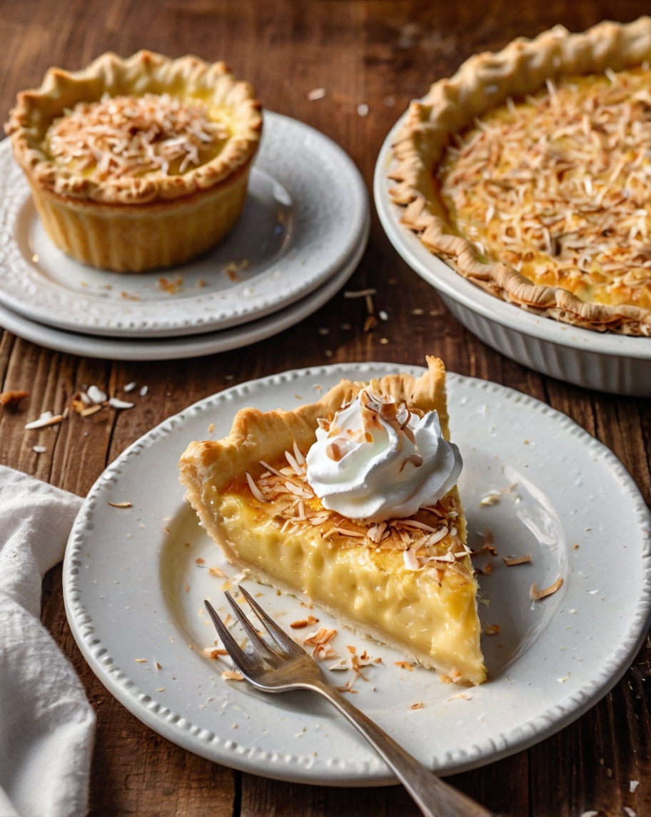 A slice of golden-brown Coconut Custard Pie on a white plate, topped with a dollop of whipped cream and a sprinkle of toasted coconut, placed on a rustic wooden table