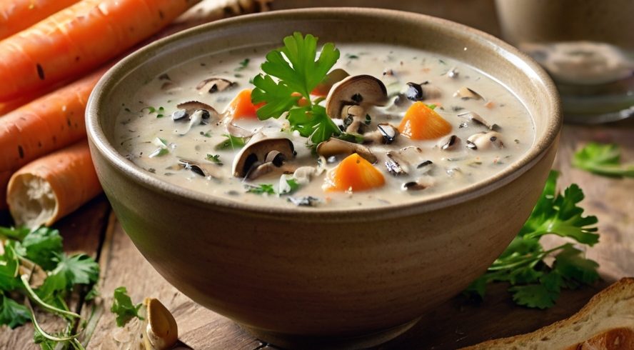 A steaming bowl of creamy wild rice and mushroom soup garnished with fresh parsley, served with slices of crusty bread on a rustic wooden table. The soup’s rich, golden hue contrasts beautifully with the earthy mushrooms and vibrant carrots.
