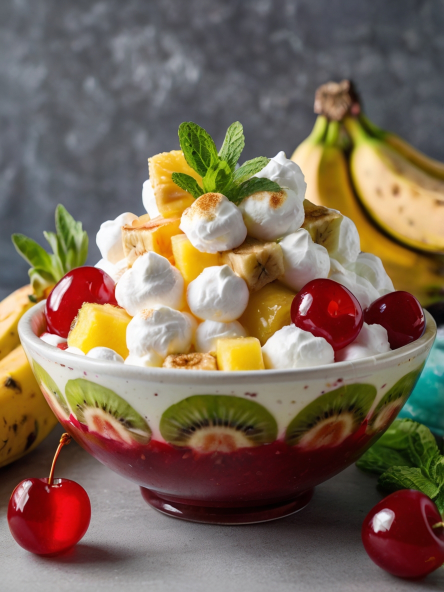 A vibrant bowl of Better Than Sex Fruit Salad filled with pineapple chunks, cherry pie filling, bananas, and marshmallows, topped with a dollop of whipped cream and garnished with fresh mint