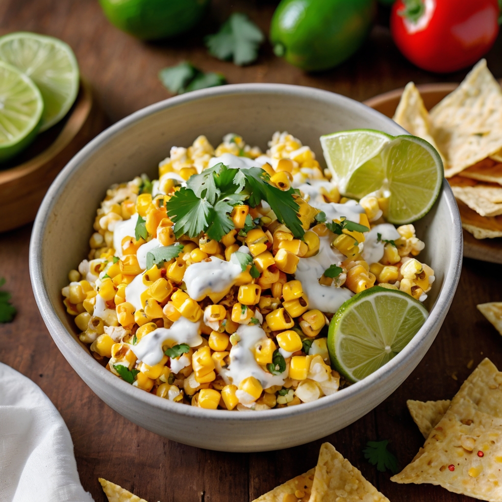 A vibrant serving bowl filled with golden corn, creamy sauce, and garnished with bright green cilantro, crumbled Cotija cheese, and a sprinkle of chili powder. On the side, crispy tortilla chips and lime wedges complete the perfect party presentation.