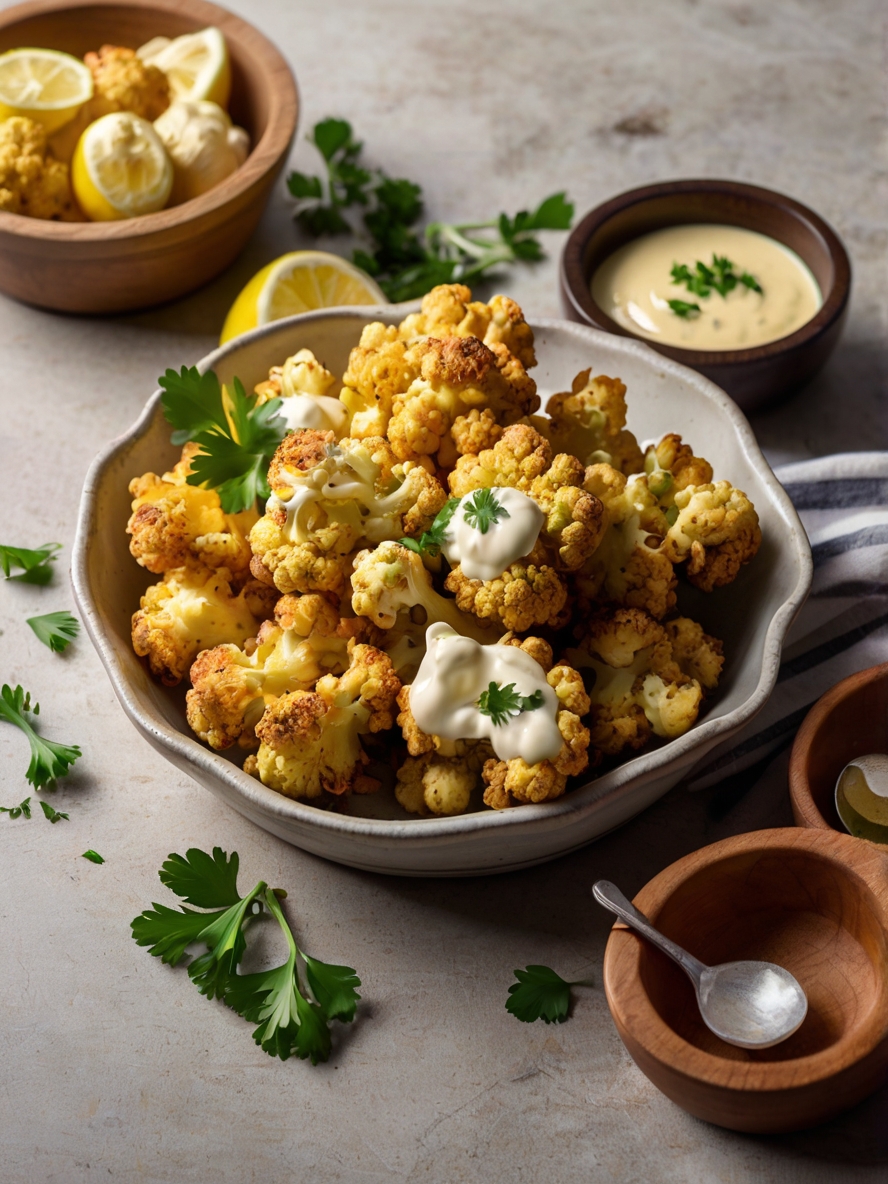 A vibrant serving dish filled with golden-brown roasted cauliflower florets, garnished with fresh parsley and lemon wedges, with a small ramekin of garlic aioli dipping sauce on the side