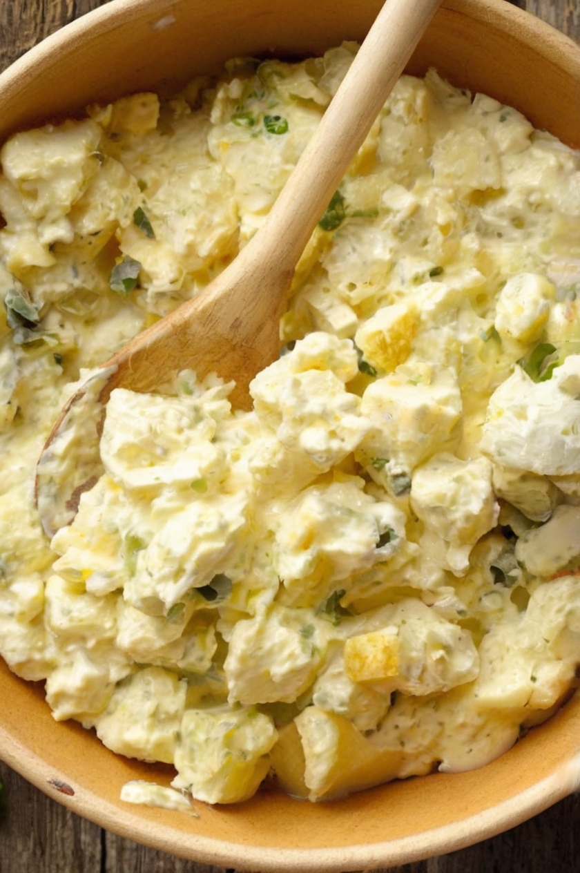 A rustic wooden table with a vibrant bowl of Southern Potato Salad. Garnished with fresh parsley and a sprinkle of paprika, the creamy salad sits alongside a plate of cornbread and iced tea, embodying the essence of Southern comfort.