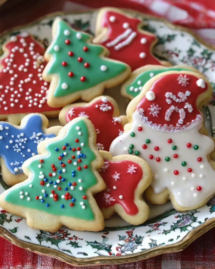 A festive tray filled with beautifully decorated sugar cookies in various holiday shapes—stars, snowflakes, and gingerbread men—surrounded by bowls of colorful icing, sprinkles, and a steaming cup of hot cocoa.