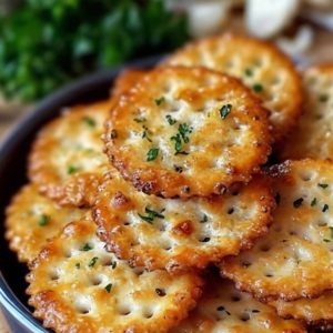 A close-up shot of golden-brown Ritz Bits crackers coated in garlic butter and Parmesan cheese, arranged on a rustic wooden serving platter. A small bowl of marinara dip and fresh parsley sprigs add a vibrant pop of color.