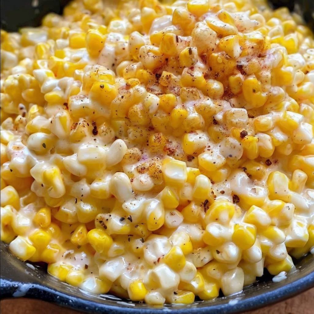 A skillet filled with vibrant, golden corn kernels coated in a glossy honey-butter sauce. Small chunks of cream cheese are melted throughout, adding a creamy texture. The dish is garnished with a sprinkle of freshly cracked black pepper and a sprig of parsley for a fresh, appealing presentation.