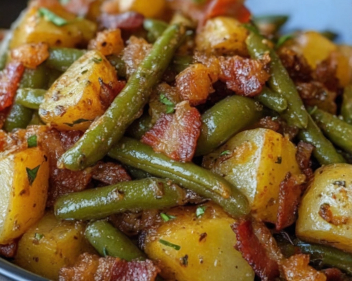 A beautifully plated dish of Country Ranch Green Beans and Potatoes with Bacon, showcasing vibrant green beans, golden potatoes, and crispy bacon pieces, garnished with fresh thyme sprigs for a rustic, homey presentation.