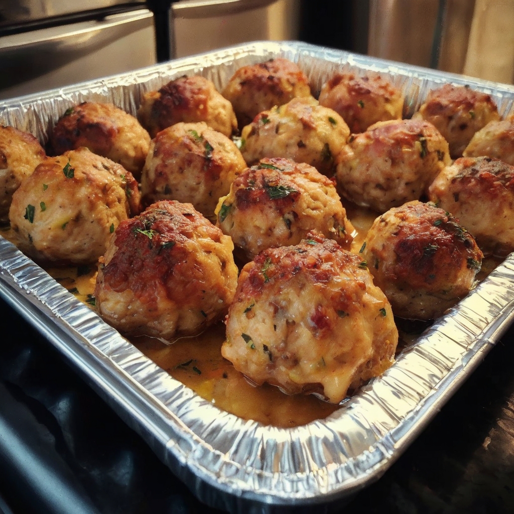 A plate of golden-brown stuffing balls garnished with freshly chopped parsley, served alongside a small bowl of cranberry sauce and a gravy boat. The background features festive decor, making the dish perfect for holiday gatherings.
