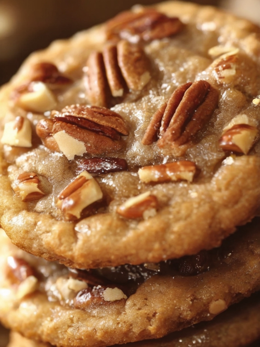 A rustic wooden table with a plate of Pecan Pie Cookies arranged neatly. The cookies showcase a golden-brown base with glistening pecan filling, surrounded by scattered pecans and a cozy mug of steaming hot cocoa.