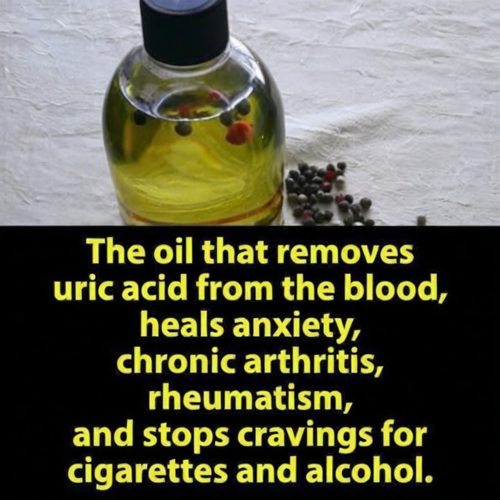 A rustic wooden table featuring a small amber bottle of black pepper essential oil surrounded by fresh black peppercorns and sprigs of thyme. The setup highlights the oil's natural, earthy qualities
