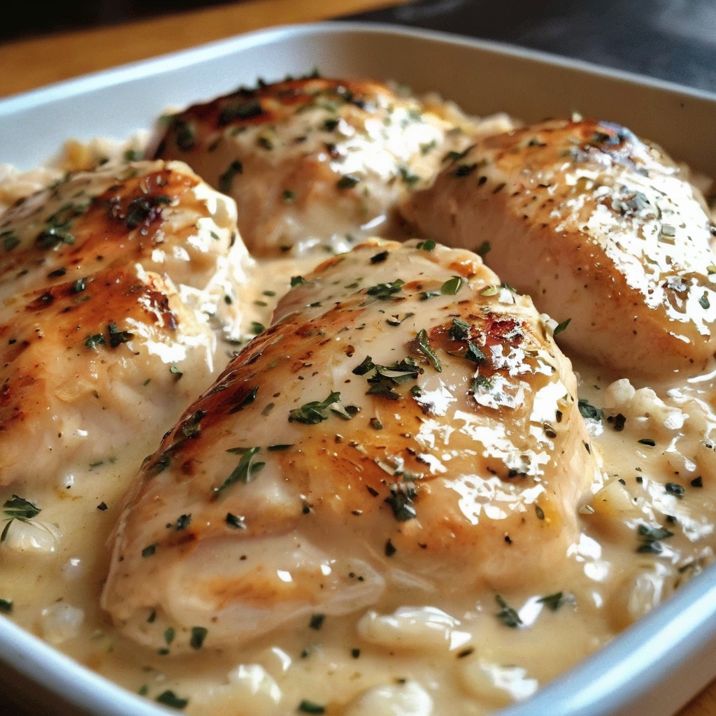 A golden-brown casserole dish with baked chicken breasts nestled in creamy rice, garnished with fresh parsley, and served alongside steamed broccoli and a glass of white wine.