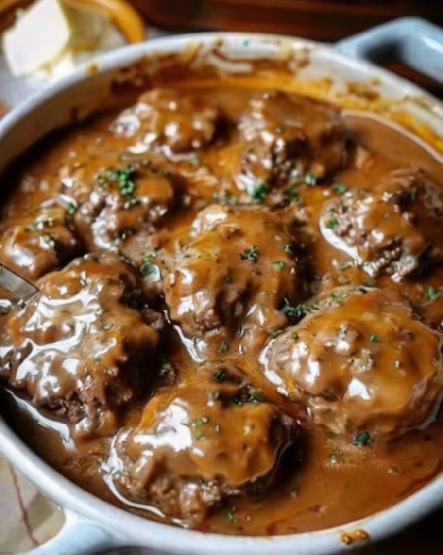 A hearty plate featuring golden-brown steak patties smothered in creamy mushroom gravy, served with fluffy mashed potatoes and a side of steamed green beans. A sprinkle of fresh parsley adds a pop of color