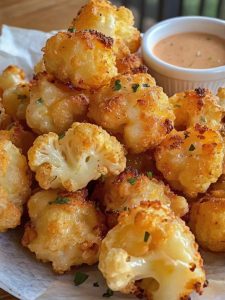 A vibrant serving dish filled with golden-brown roasted cauliflower florets, garnished with fresh parsley and lemon wedges, with a small ramekin of garlic aioli dipping sauce on the side