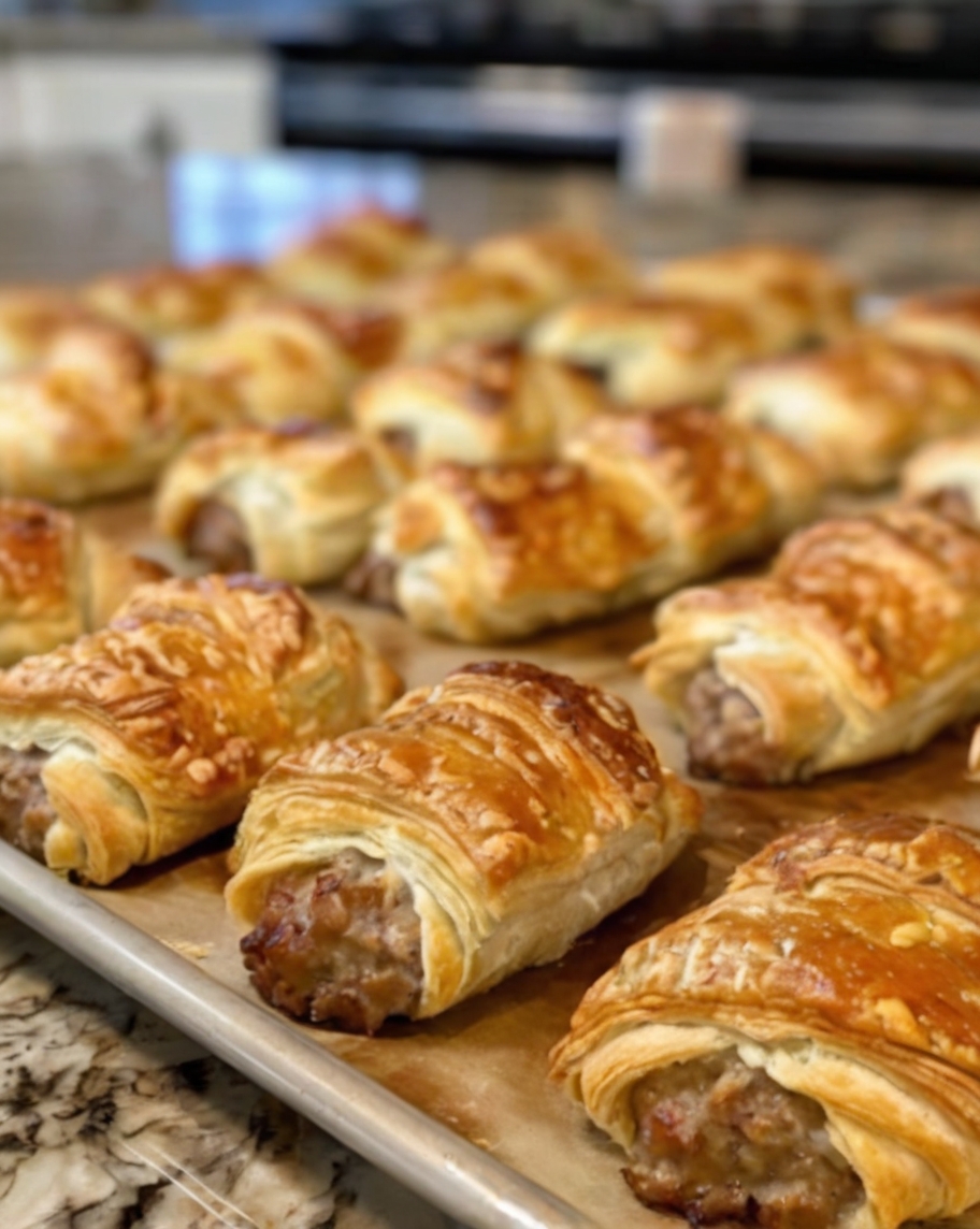 A golden tray of freshly baked crescent rolls, their glossy tops sprinkled with parsley and oozing creamy cheese and savory sausage filling. Served alongside small bowls of dipping sauces, this image screams indulgence and satisfaction.