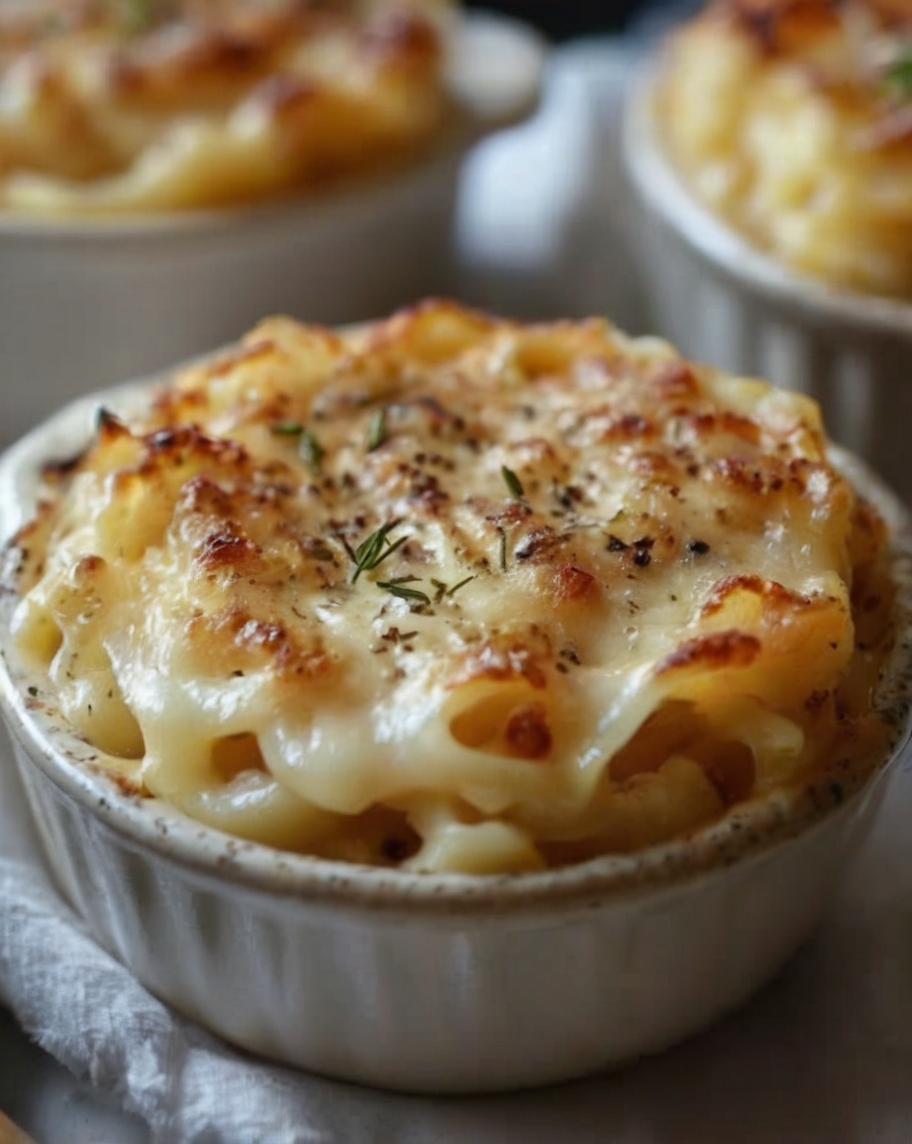 A rustic casserole dish of golden French Onion Pasta Bake, garnished with fresh parsley and served alongside a glass of red wine and a side salad. The cheese is perfectly melted, and the caramelized onions glisten in the warm lighting.