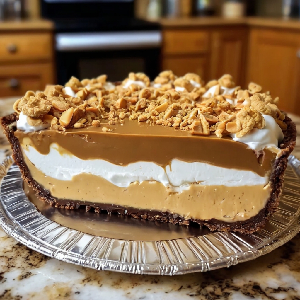 A perfectly chilled Amish Peanut Butter Cream Pie on a rustic wooden table, topped with fluffy whipped cream and sprinkled with peanut butter crumbles. The pie is sliced to reveal its creamy layers, sitting alongside a cup of hot coffee.