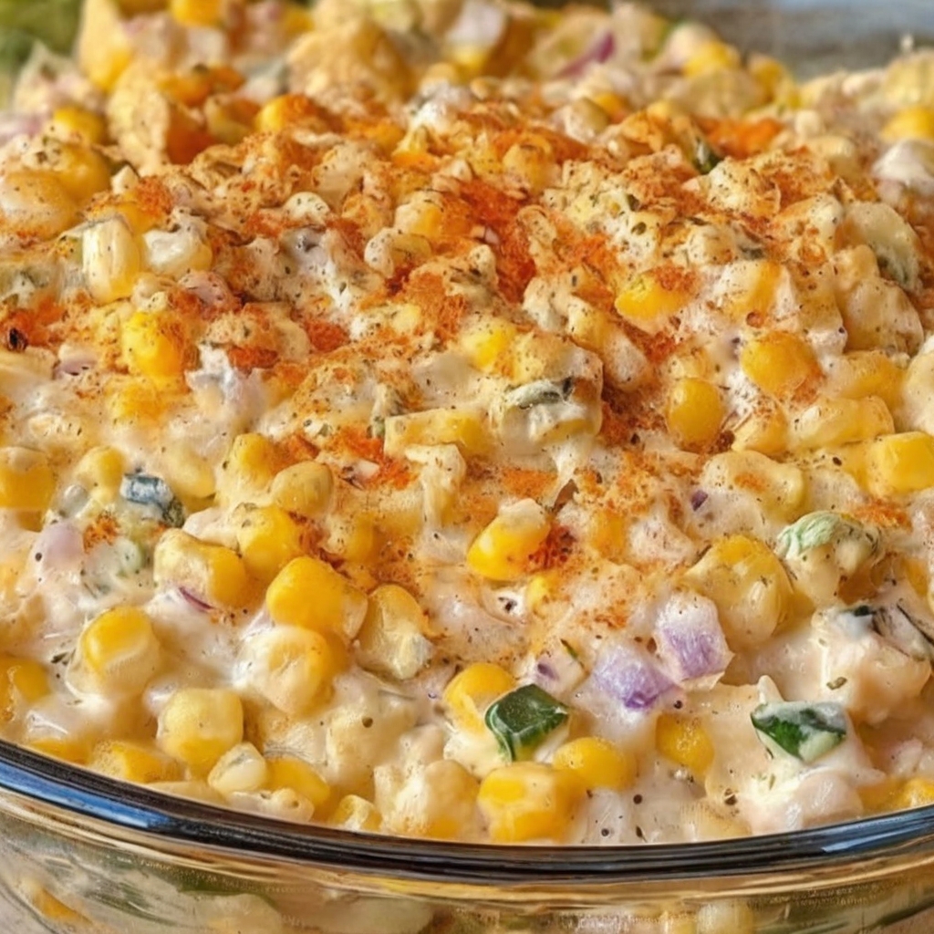 A vibrant serving bowl filled with golden corn, creamy sauce, and garnished with bright green cilantro, crumbled Cotija cheese, and a sprinkle of chili powder. On the side, crispy tortilla chips and lime wedges complete the perfect party presentation.