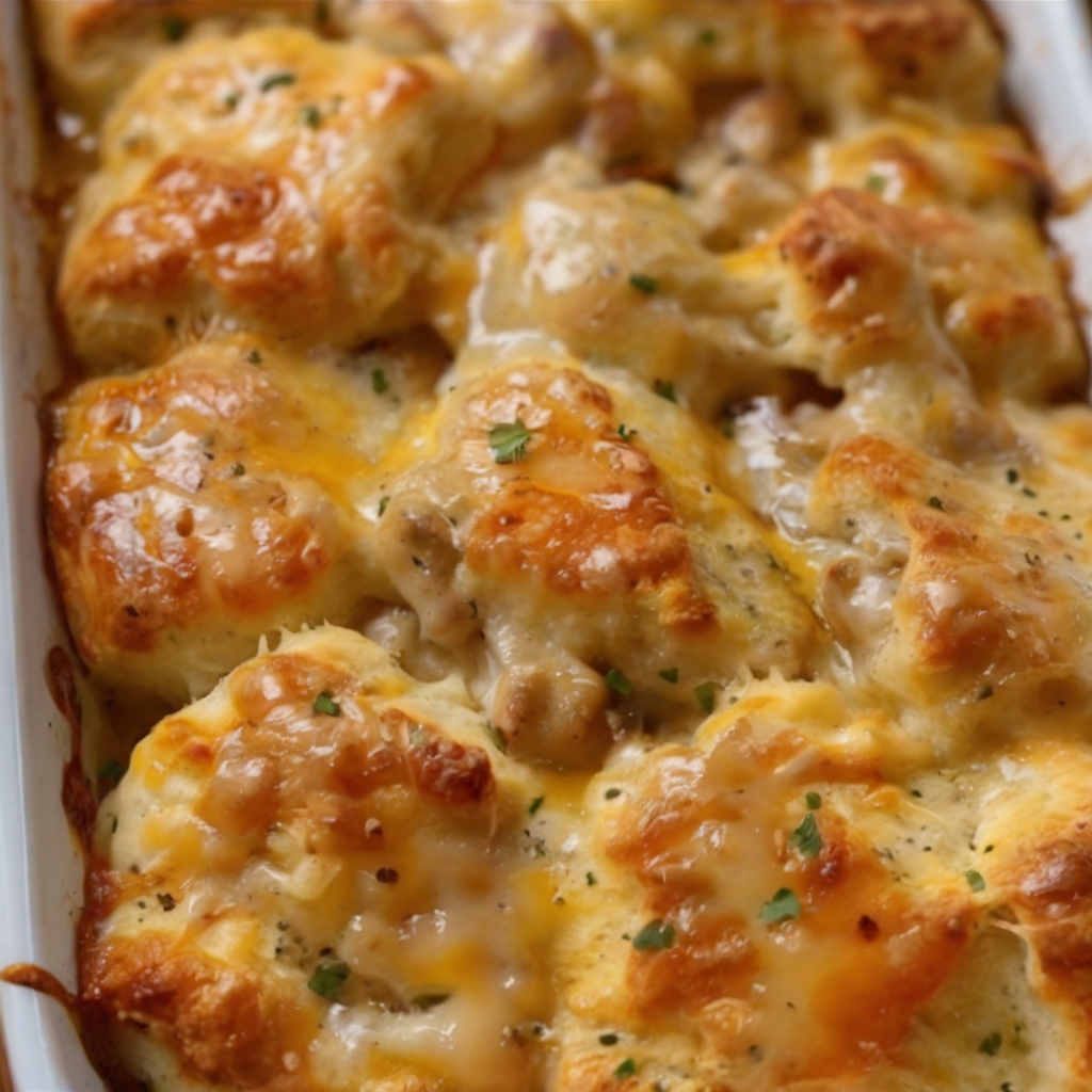 A freshly baked Chicken Bubble Biscuit Casserole, golden brown biscuits on top, cheese bubbling around the edges, and garnished with chopped parsley for a vibrant, appetizing presentation.