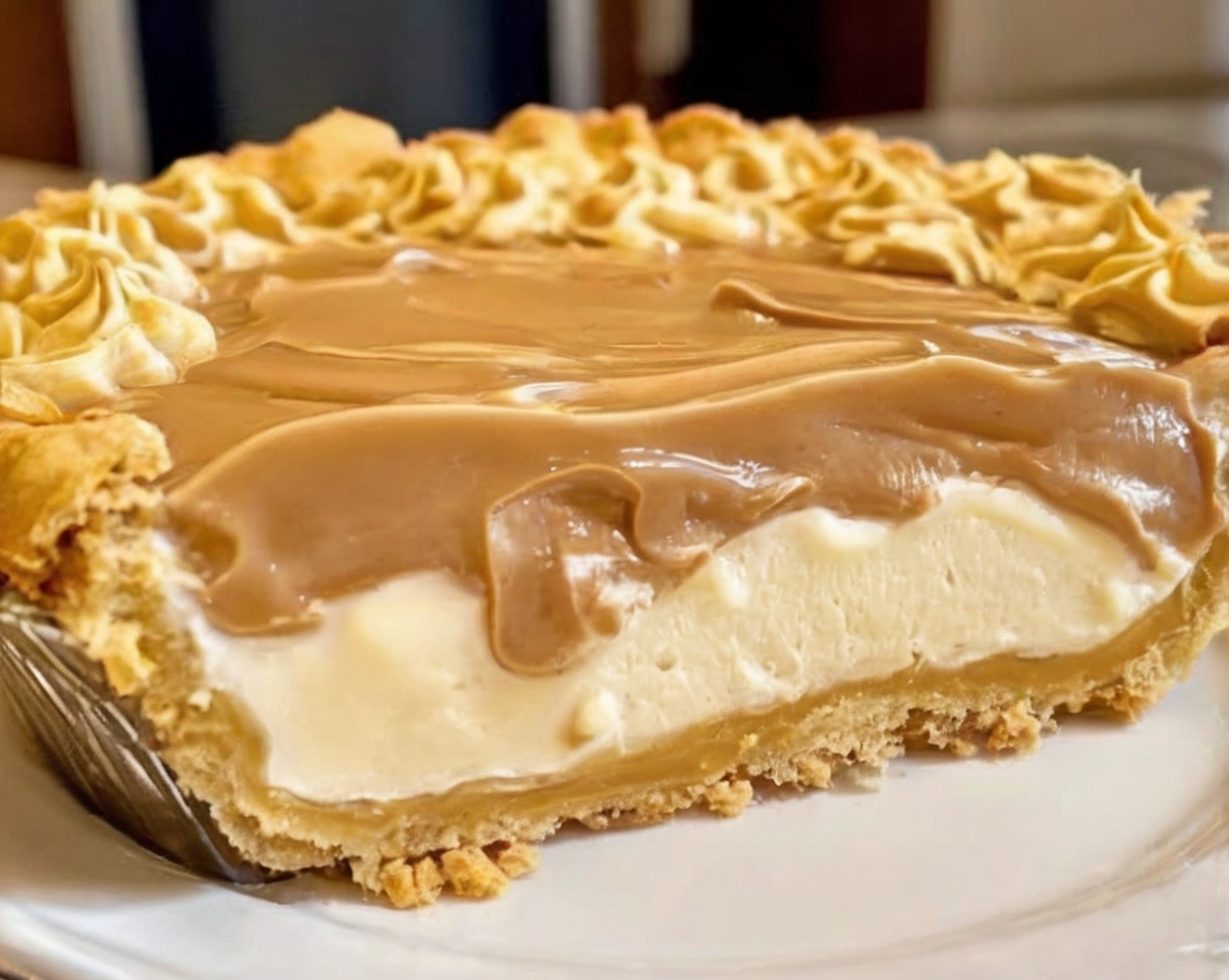 A beautifully plated slice of creamy caramel custard pie with a golden graham cracker crust, topped with whipped cream, caramel drizzle, and a sprinkle of chocolate shavings, sitting on a rustic wooden table with warm lighting