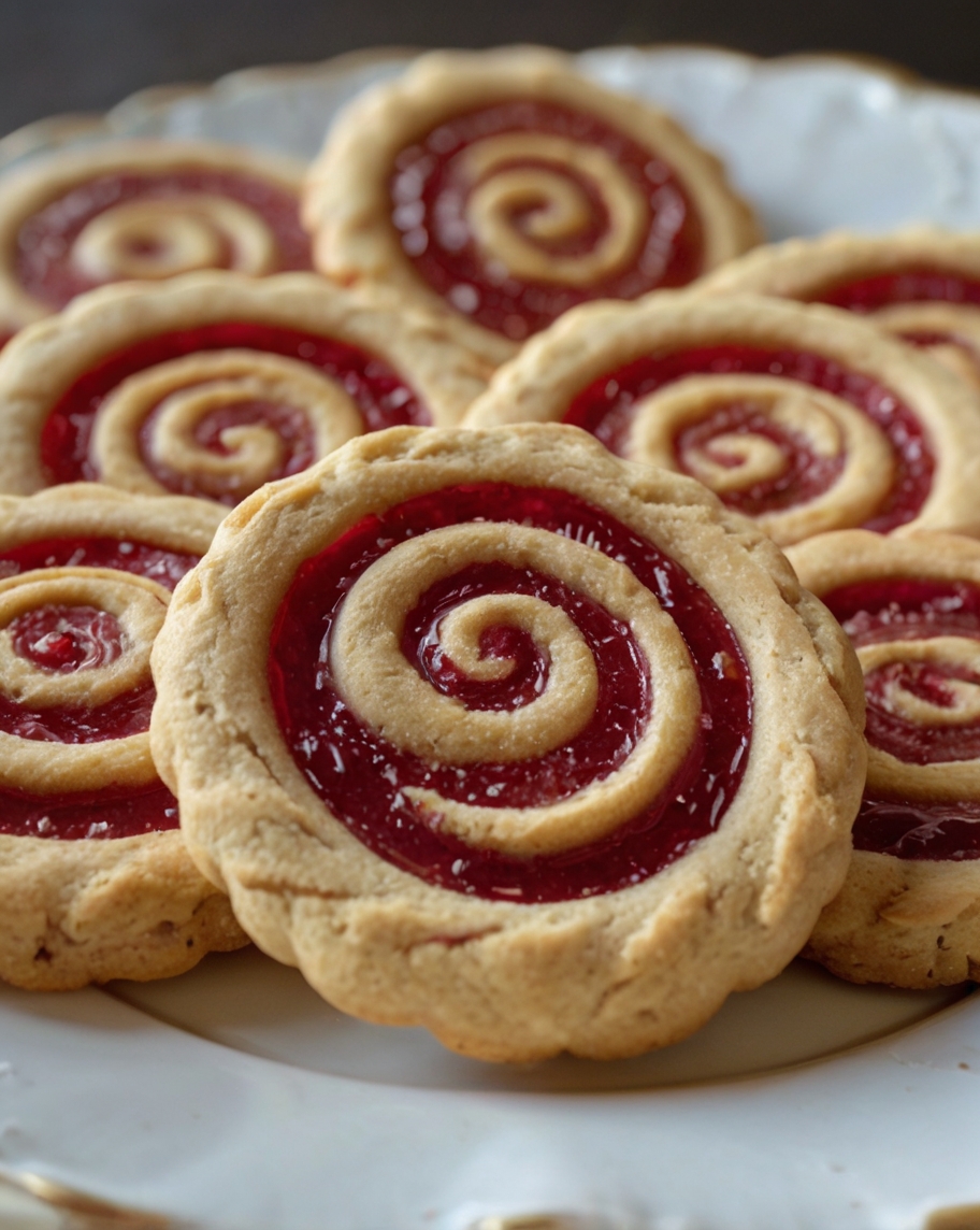 A rustic wooden table adorned with golden-brown shortbread cookies showcasing vibrant raspberry swirls. Garnished with powdered sugar and fresh raspberries for a holiday-perfect presentation.