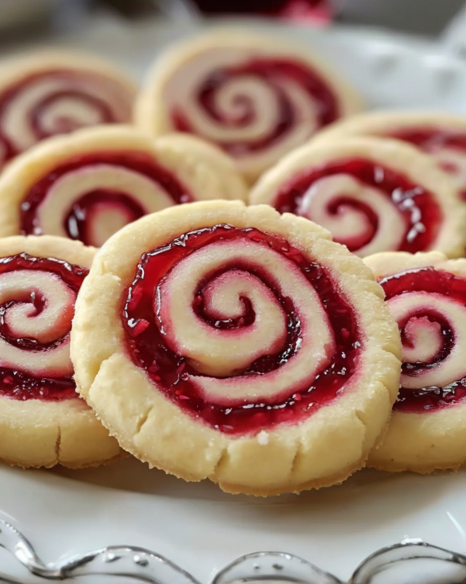 A rustic wooden table adorned with golden-brown shortbread cookies showcasing vibrant raspberry swirls. Garnished with powdered sugar and fresh raspberries for a holiday-perfect presentation.