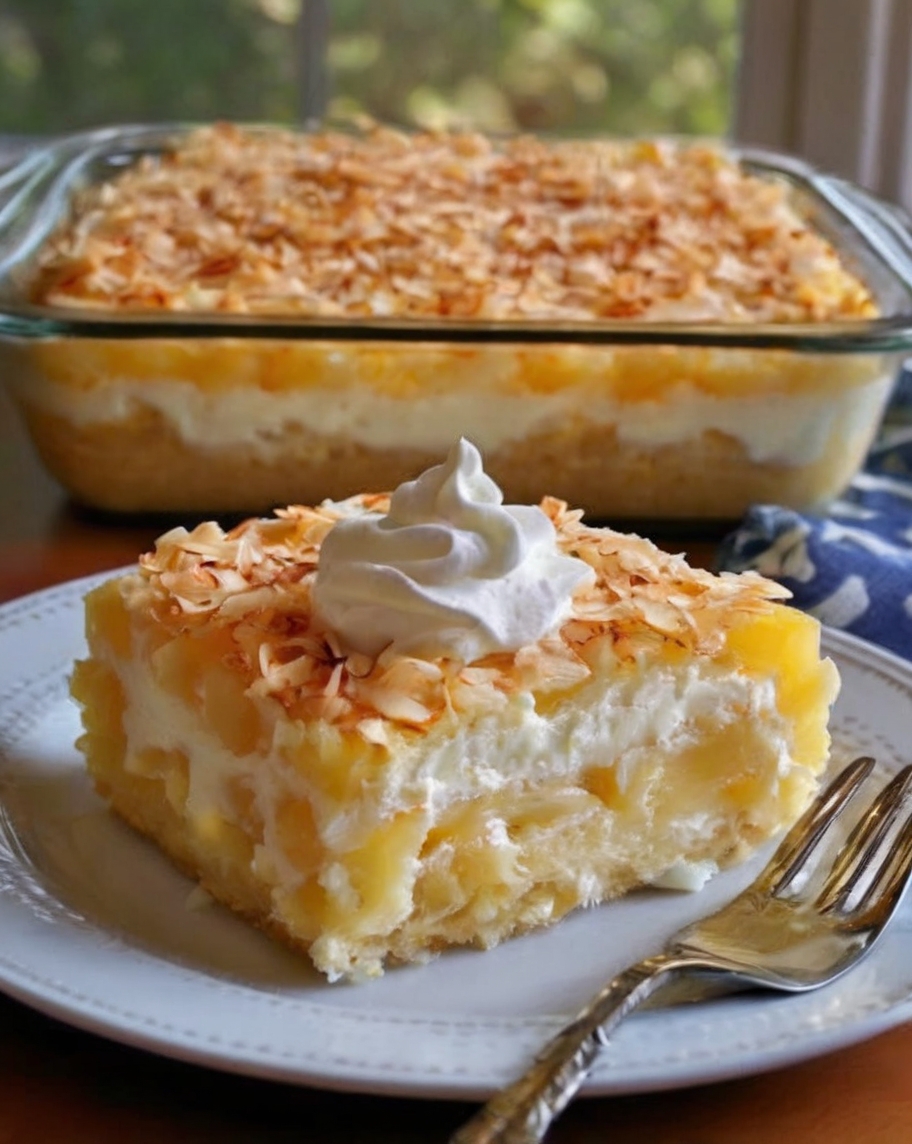 A slice of golden-brown Coconut Custard Pie on a white plate, topped with a dollop of whipped cream and a sprinkle of toasted coconut, placed on a rustic wooden table