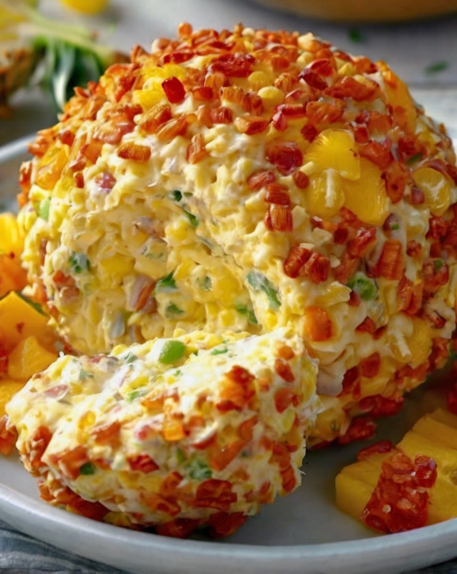 A beautifully plated Pineapple Cheese Ball in the center of a wooden charcuterie board surrounded by crackers, fresh vegetable sticks (carrots, celery, and cucumbers), and a small garnish of fresh parsley. The cheese ball should look golden with a nutty coating and creamy texture peeking through.