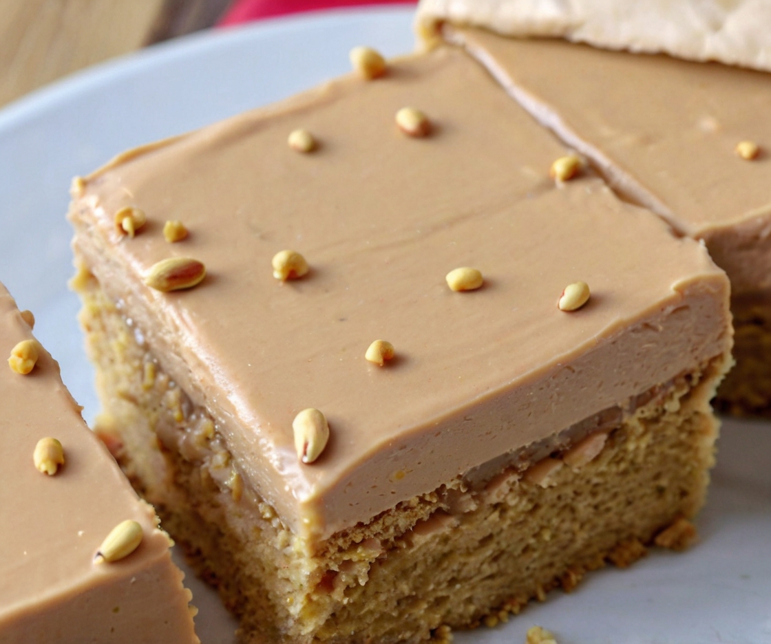 Showcase a perfectly frosted Peanut Butter Sheet Cake with a smooth, creamy peanut butter frosting. Add a sprinkle of chopped peanuts or chocolate chips for garnish. Arrange the cake on a rustic wooden table with a glass of milk in the background to evoke comfort and indulgence.