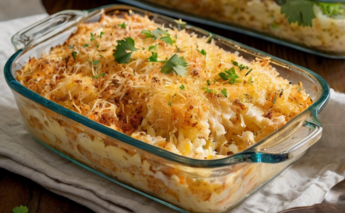 A freshly baked hashbrown chicken casserole sits in a glass baking dish, topped with golden-brown breadcrumbs, melted cheese, and garnished with chopped parsley. A serving spoon is placed next to the dish, and a side salad in the background adds a touch of freshness.