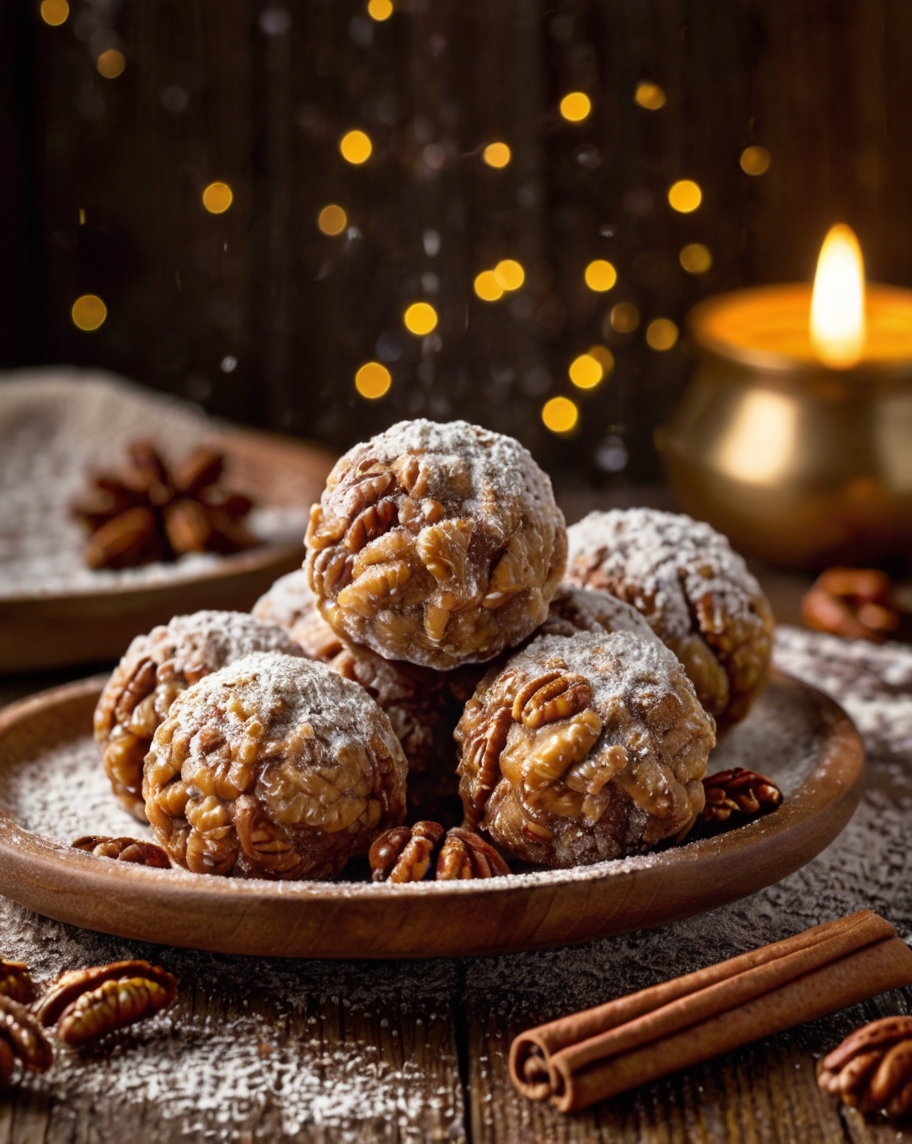 A close-up of golden-brown Pecan Pie Balls coated in powdered sugar, arranged neatly on a rustic wooden plate. A scattering of chopped pecans and a cinnamon stick are styled around the plate, with warm lighting to create a cozy and inviting atmosphere.