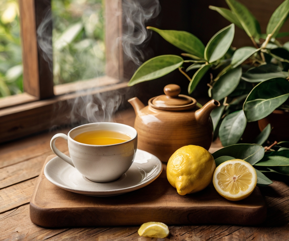 A comforting scene featuring a steaming cup of ginger tea with honey and lemon, surrounded by fresh ginger, lemons, and eucalyptus leaves on a wooden table. The warm tones and inviting setup visually represent natural remedies for respiratory health